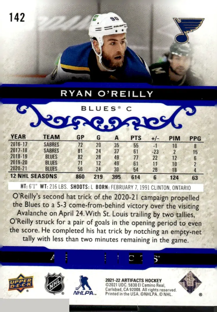 2021-22 Artifacts #142 Ryan O'Reilly – Royal Blue (back)