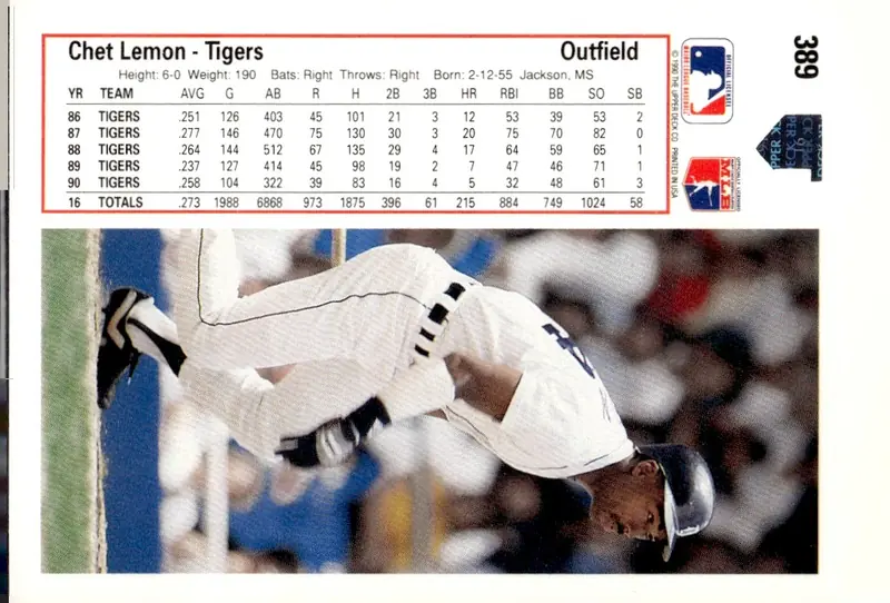 1991 Upper Deck #389 Chet Lemon (back)