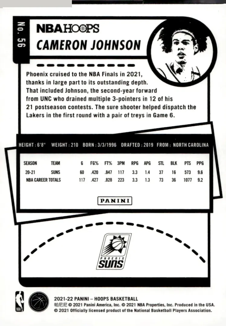 2021-22 NBA Hoops #56 Cameron Johnson (back)