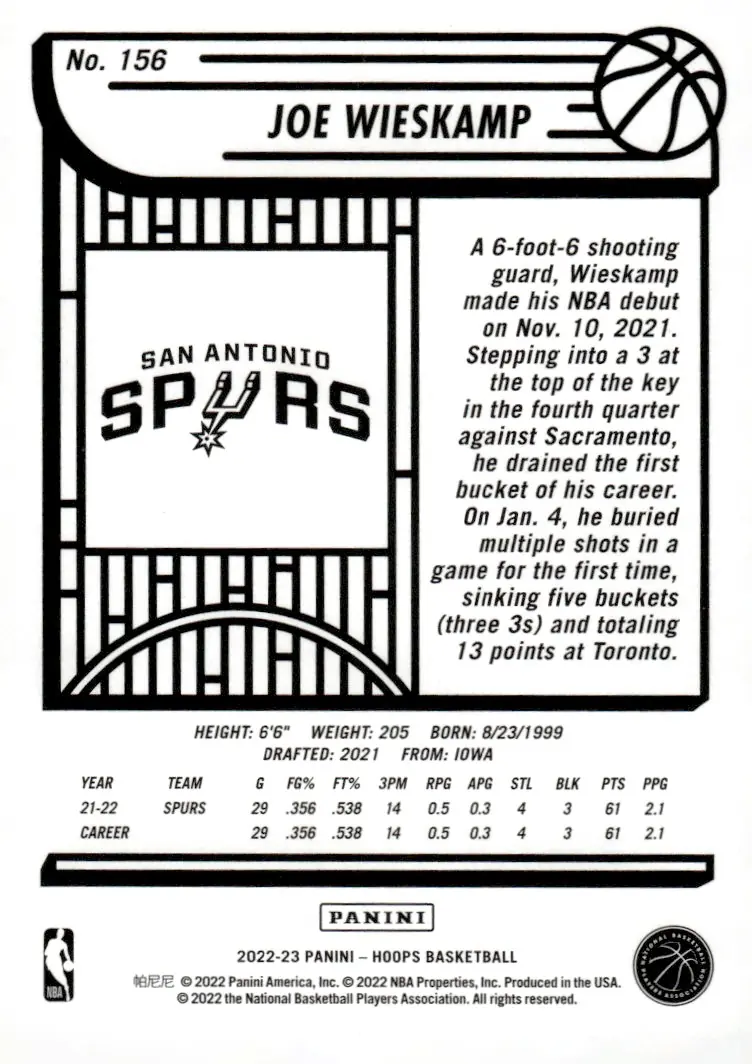 2022-23 NBA Hoops #156 Joe Wieskamp (back)