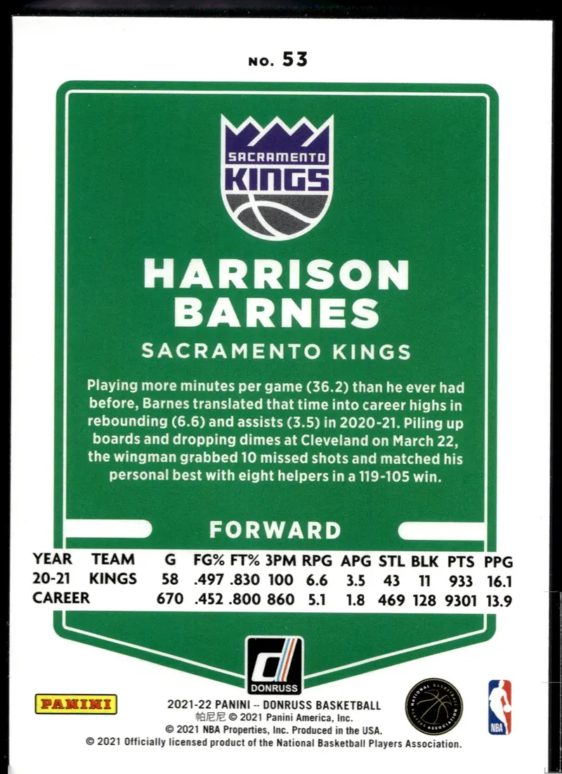 2021-22 Donruss #53 Harrison Barnes (back)