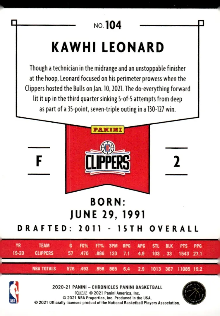 2020-21 Panini Chronicles Basketball #104 Kawhi Leonard – Pink (back)