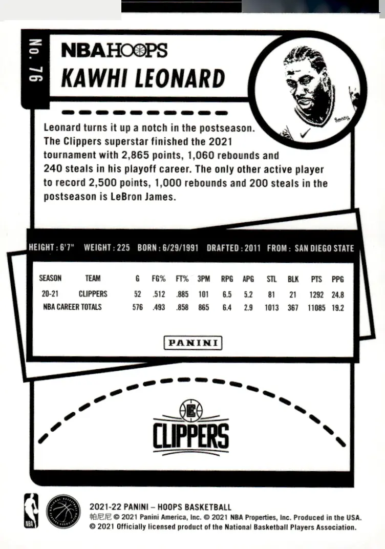 2021-22 NBA Hoops #76 Kawhi Leonard (back)