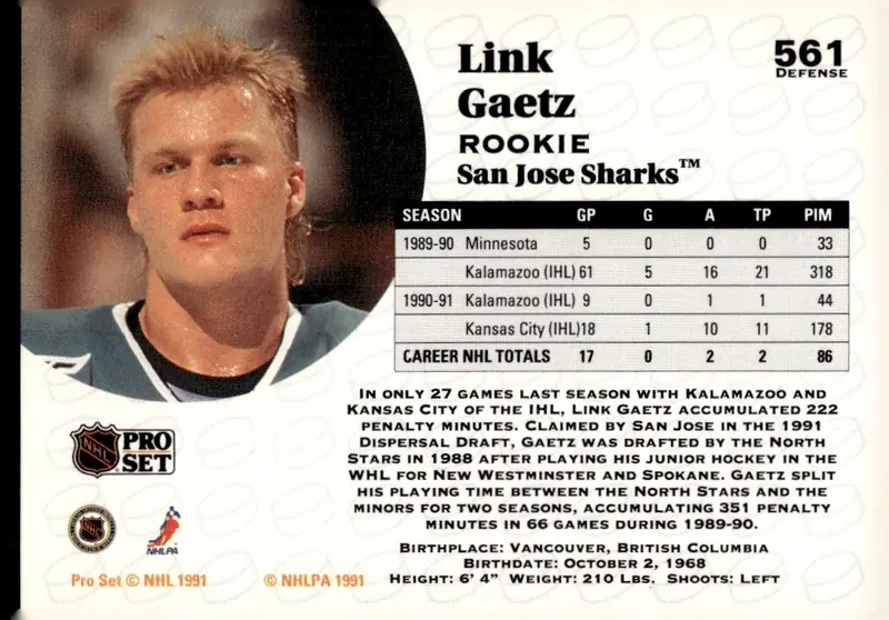 1991-92 Pro Set (Series 2) #561 Link Gaetz (back)