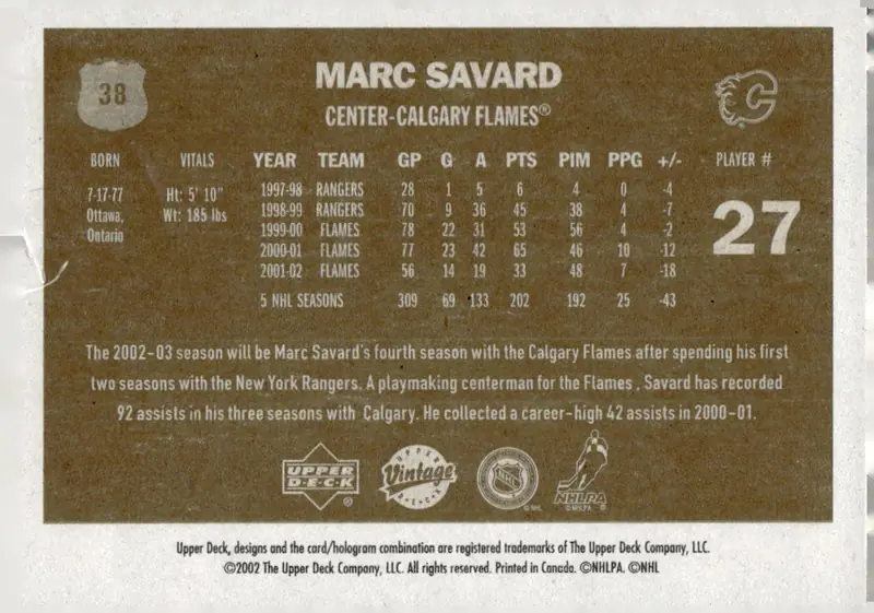 2002-03 Upper Deck Vintage #38 Marc Savard (back)