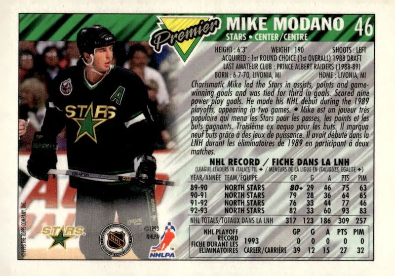 1993-94 Topps Premier #46 Mike Modano (back)