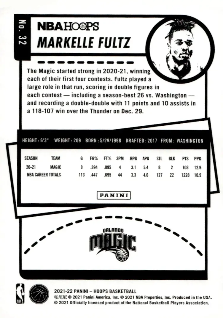 2021-22 NBA Hoops #32 Markelle Fultz (back)