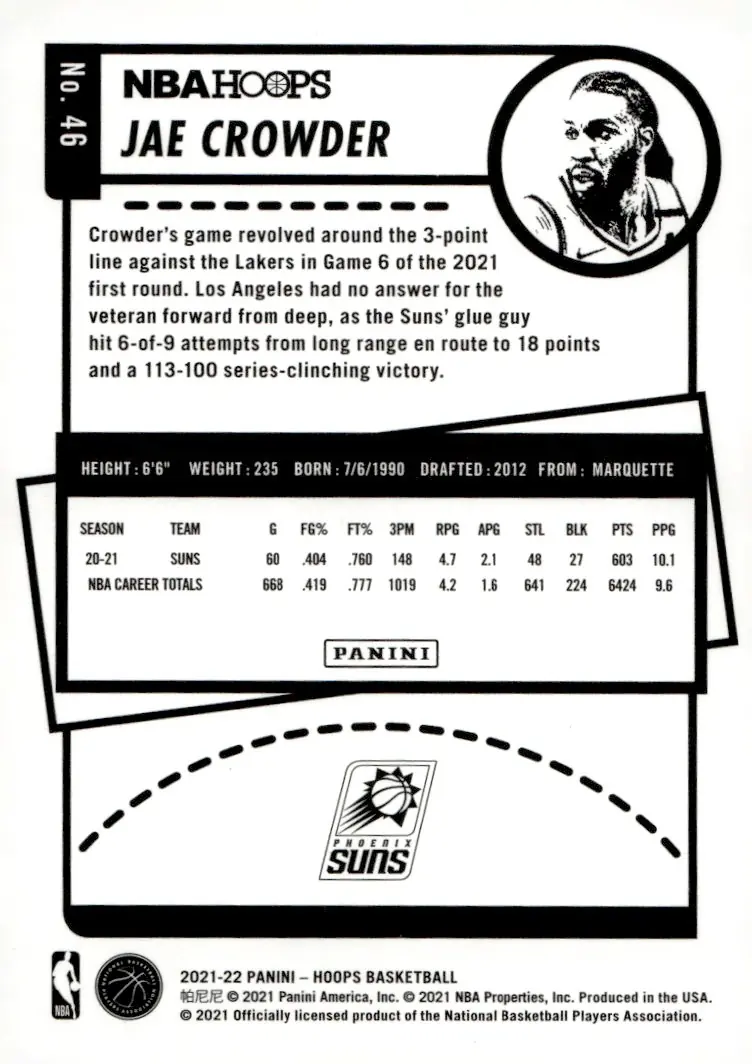 2021-22 NBA Hoops #46 Jae Crowder (back)