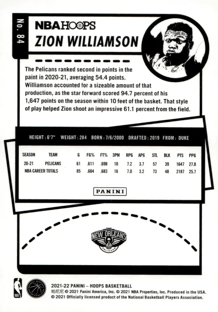 2021-22 NBA Hoops #84 Zion Williamson (back)