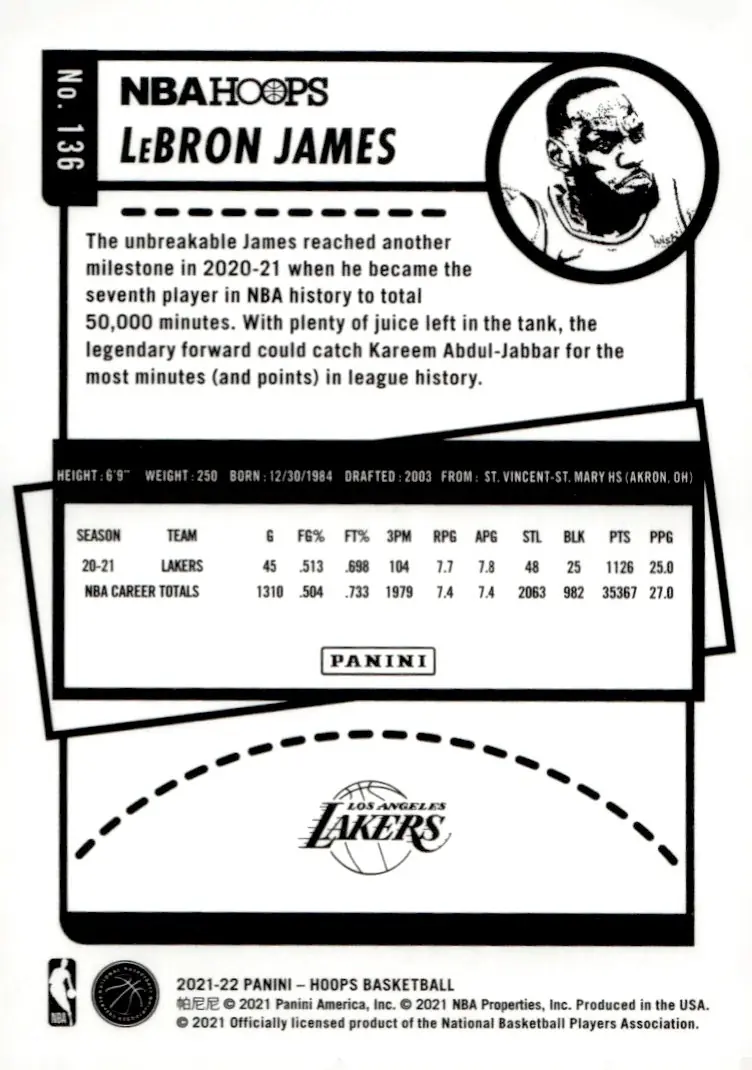 2021-22 NBA Hoops #136 LeBron James (back)
