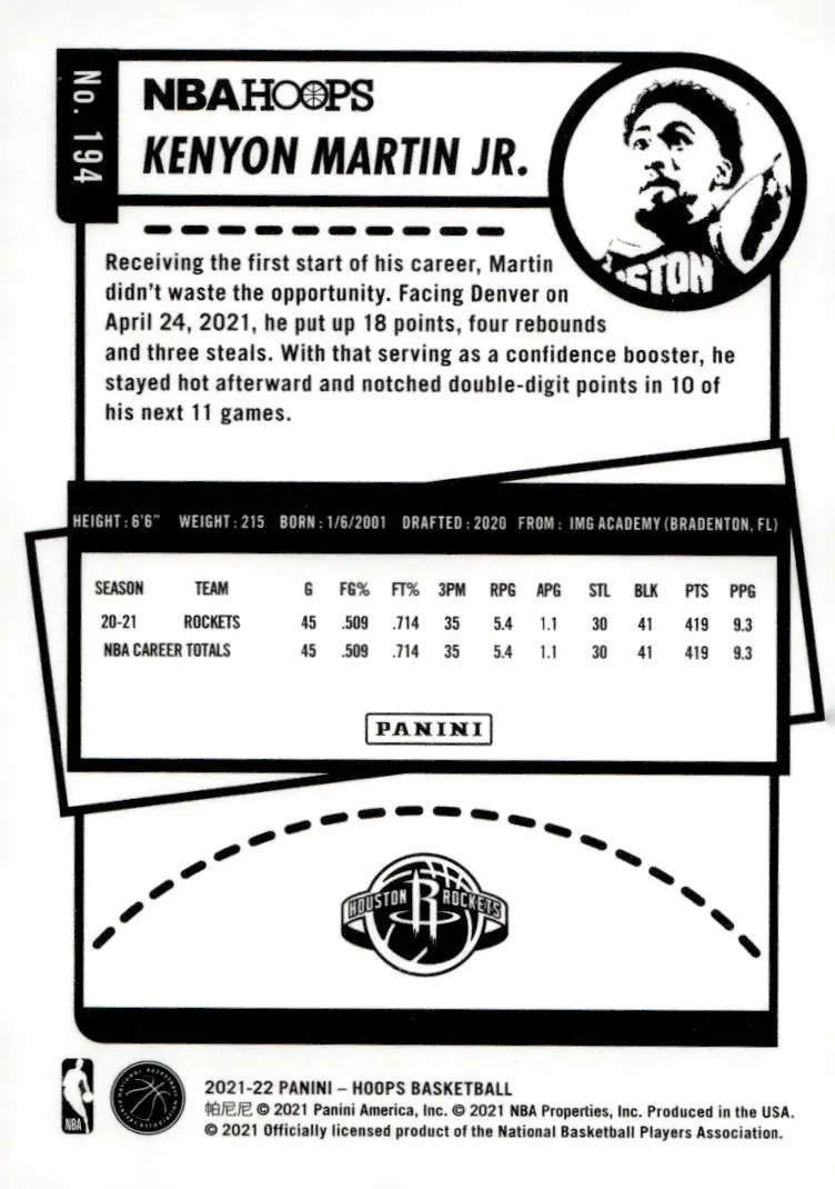 2021-22 NBA Hoops #194 Kenyon Martin Jr. (back)