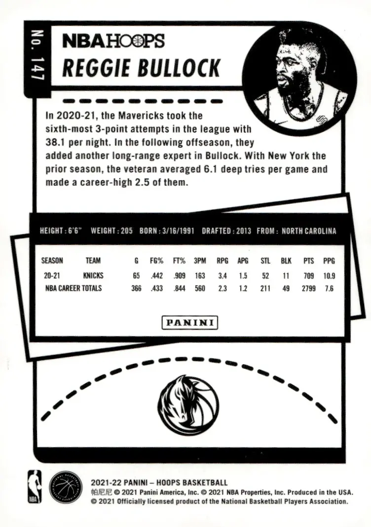 2021-22 NBA Hoops #147 Reggie Bullock (back)
