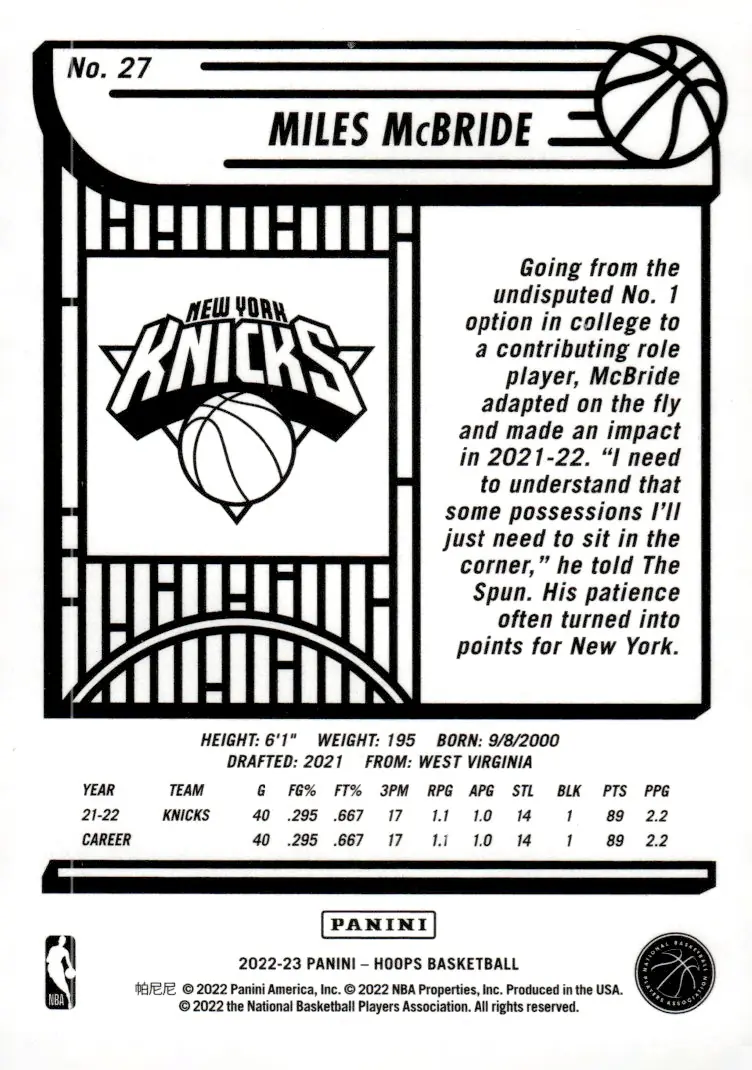 2022-23 NBA Hoops #27 Miles McBride (back)