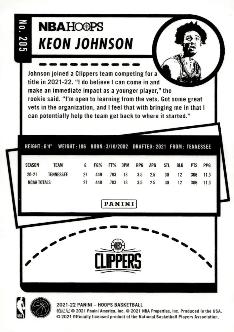 2021-22 NBA Hoops #205 Keon Johnson (back)