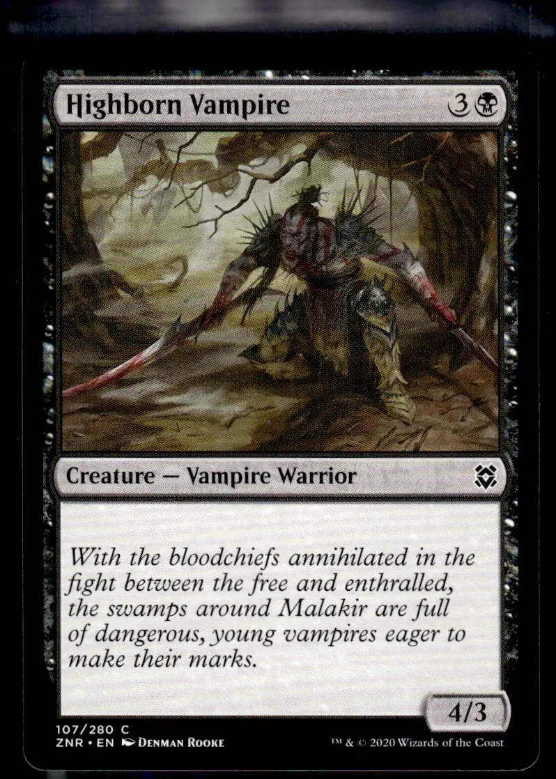 2020 Magic: The Gathering - Zendikar Rising (ZNR) #107/280 Highborn Vampire (Creature — Vampire Warrior, 4/3); art by Denman Rooke (front)