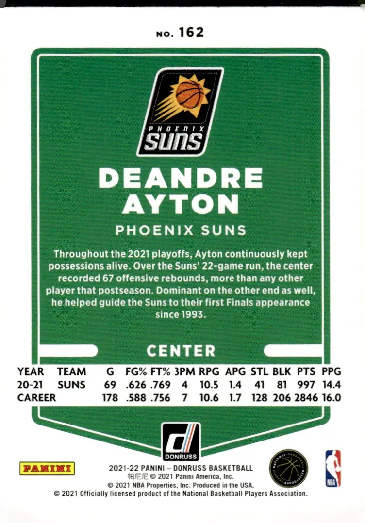 2021-22 Donruss #162 Deandre Ayton (back)