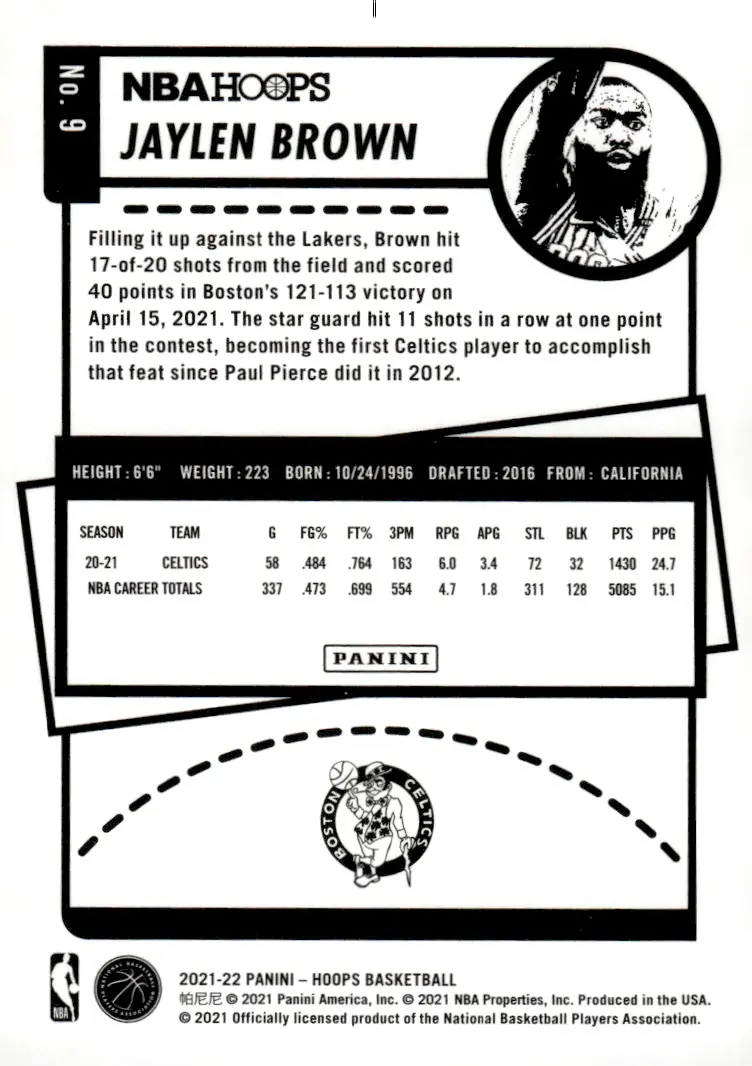 2021-22 NBA Hoops #9 Jaylen Brown (back)