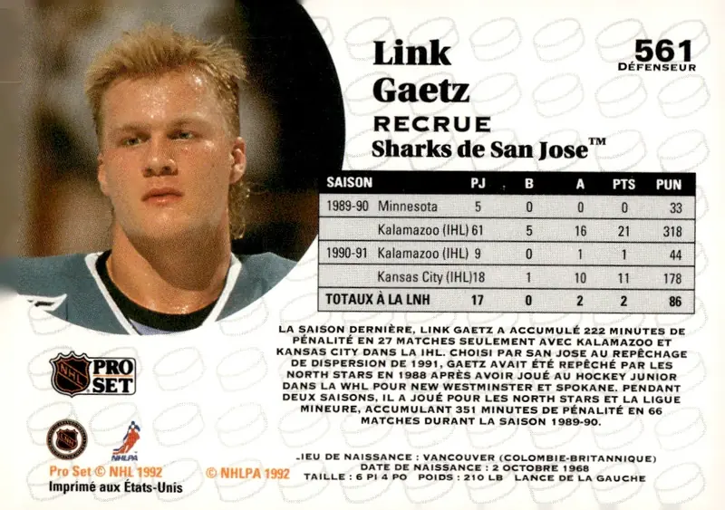 1991-92 Pro Set (French/Canadian edition) #561 Link Gaetz – French-language variation (back)