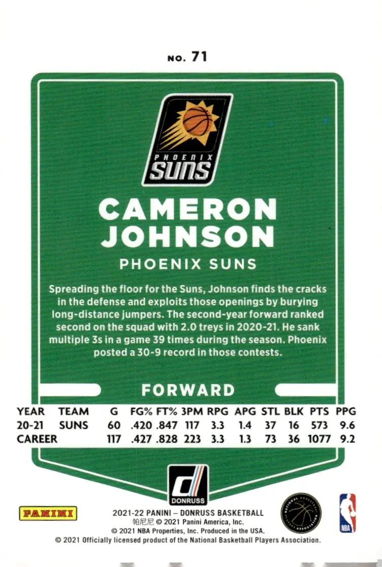 2021-22 Panini Donruss Basketball #71 Cameron Johnson (back)