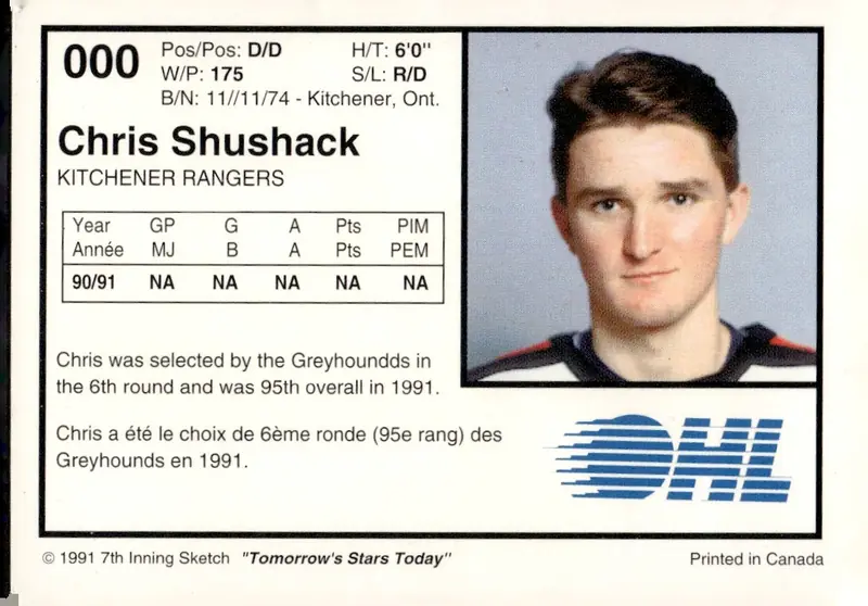 1991-92 7th Inning Sketch OHL #000 Chris Shushack – Promo/sample variation (back)