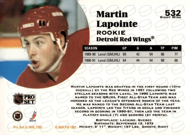 1991-92 Pro Set (Series 2 / English) #532 Martin Lapointe (back)