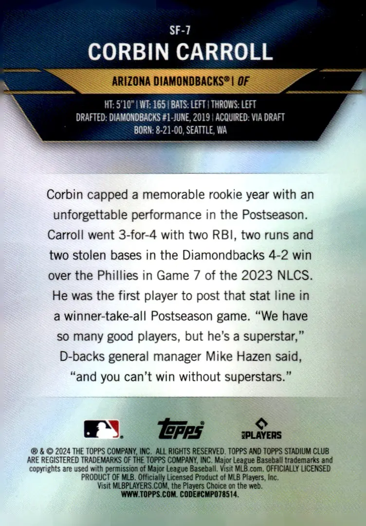 2024 Topps Stadium Club #SF-7 Corbin Carroll (back)