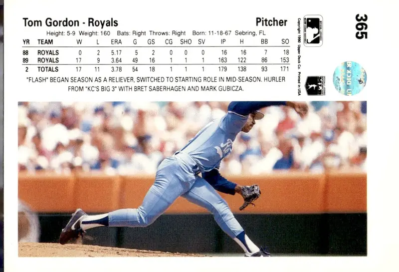 1990 Upper Deck #365 Tom Gordon (back)
