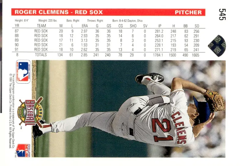 1992 Upper Deck #545 Roger Clemens (back)