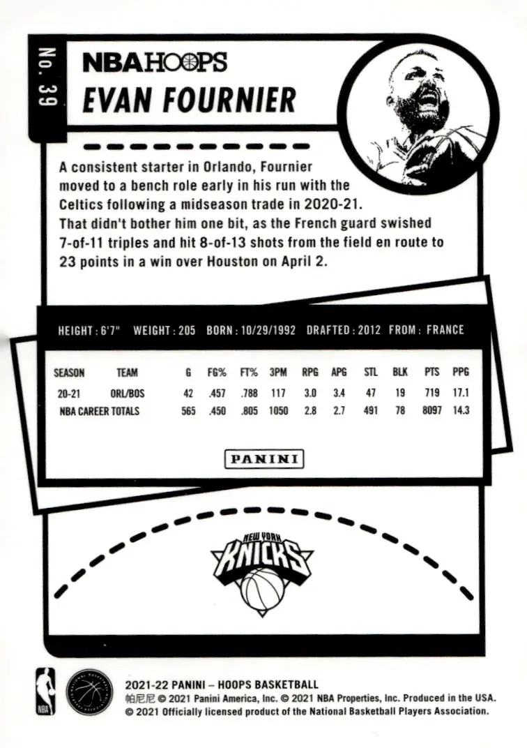 2021-22 NBA Hoops #39 Evan Fournier (back)
