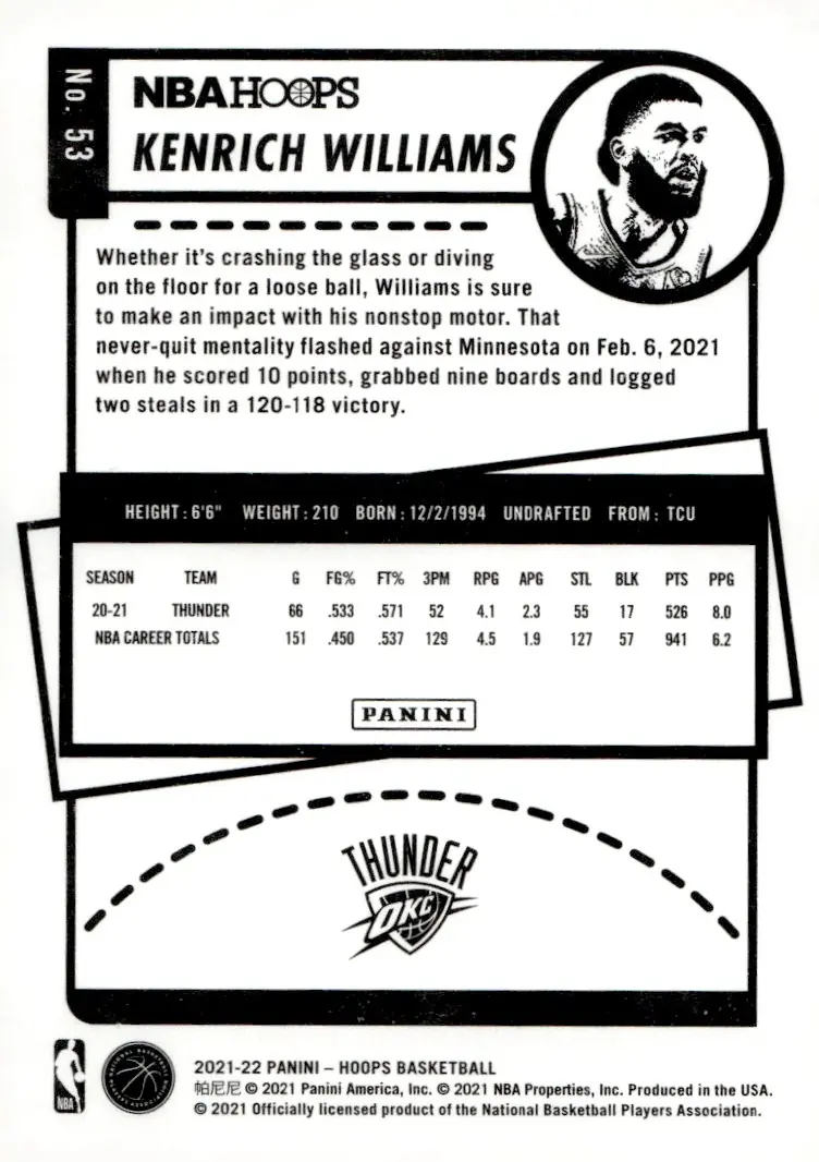 2021-22 NBA Hoops #53 Kenrich Williams (back)