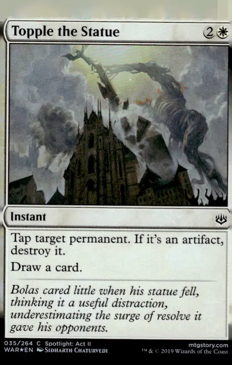 2019 War of the Spark (WAR) #035/264 Topple the Statue (card name); art by Sidharth Chaturvedi