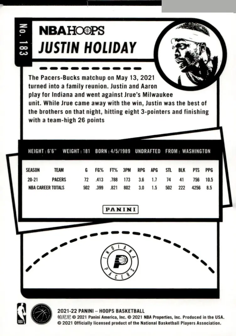 2021-22 NBA Hoops #183 Justin Holiday (back)