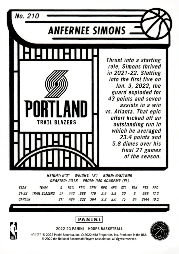 2022-23 NBA Hoops #210 Anfernee Simons (back)