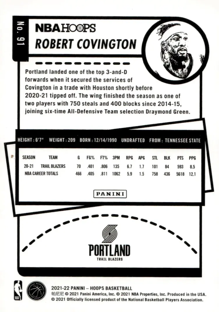 2021-22 NBA Hoops #91 Robert Covington – Purple (back)