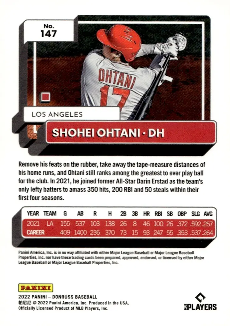 2022 Panini Donruss Baseball #147 Shohei Ohtani (back)