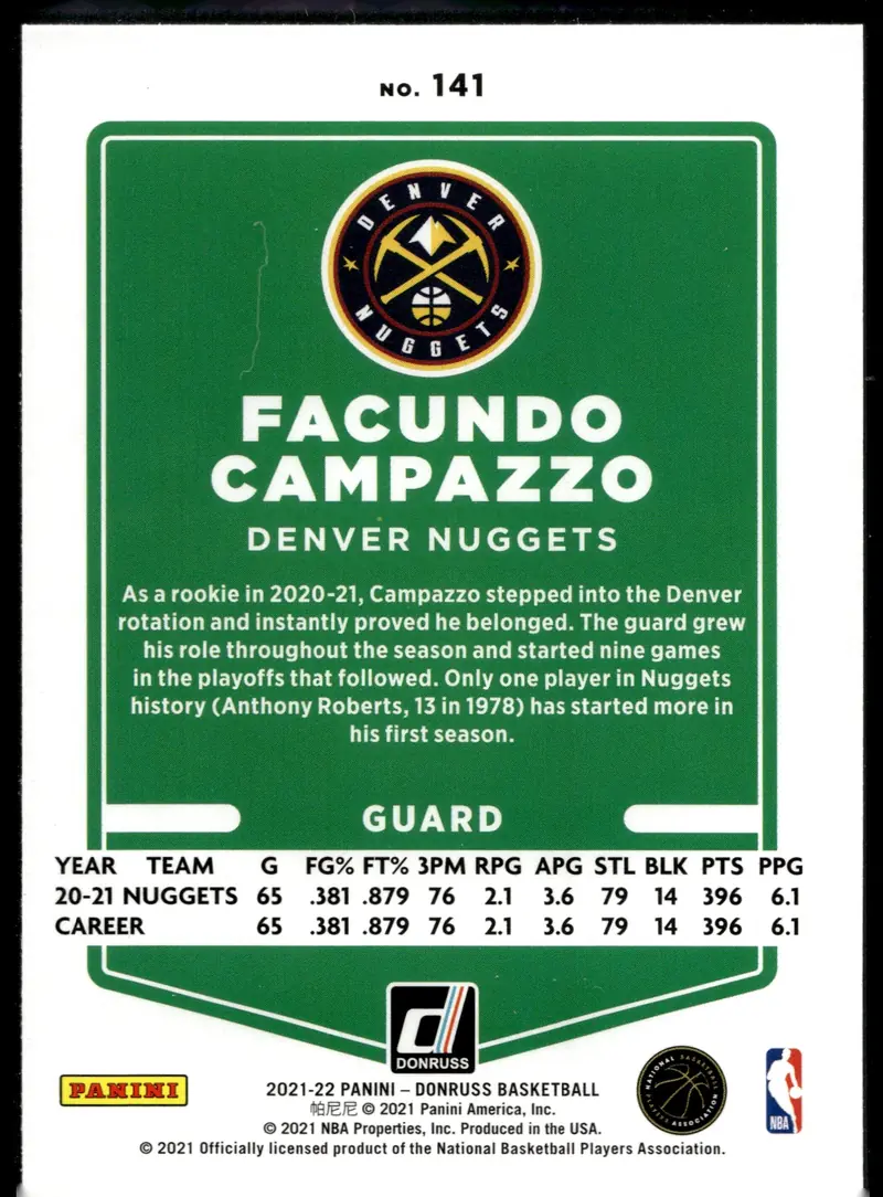 2021-22 Donruss #141 Facundo Campazzo (back)
