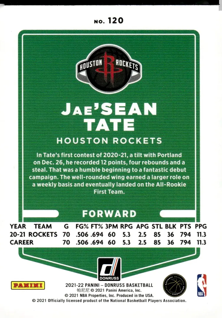 2021-22 Donruss #120 Jae'Sean Tate (back)