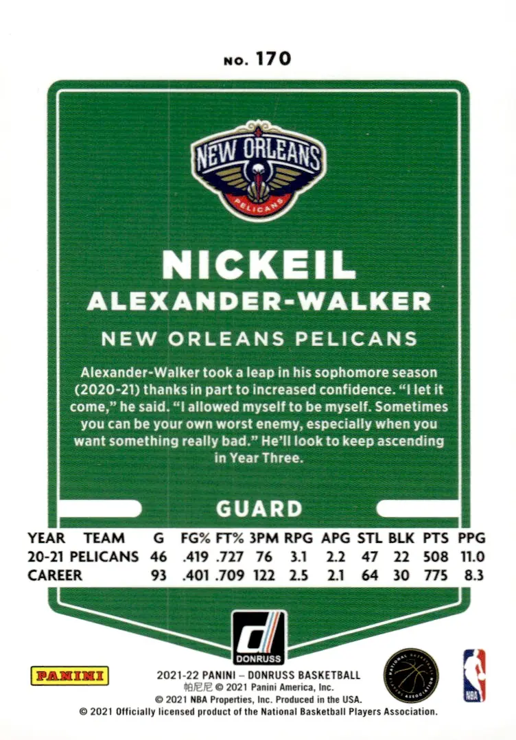 2021-22 Donruss #170 Nickeil Alexander-Walker – Holo Red Laser (back)