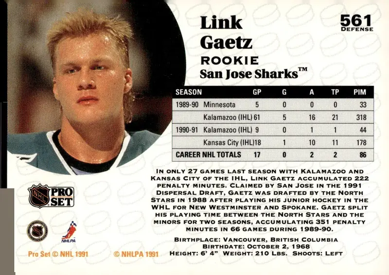 1991-92 Pro Set (Series 2) #561 Link Gaetz (back)