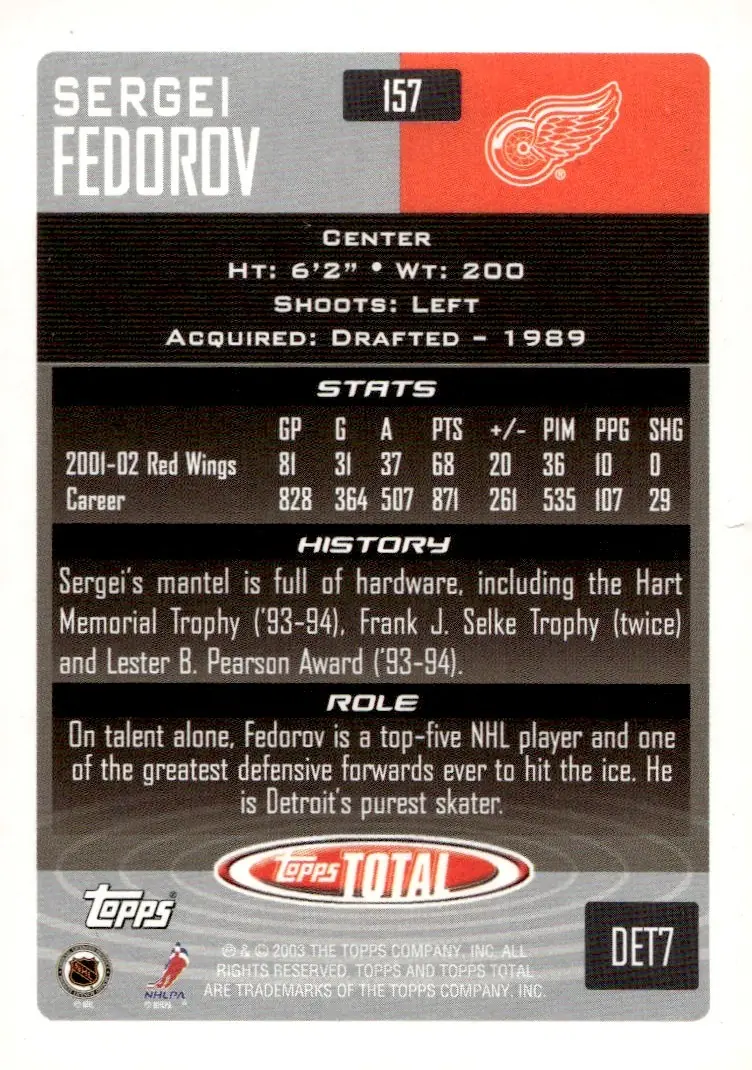 2002-03 Topps Total #157 Sergei Fedorov (back)