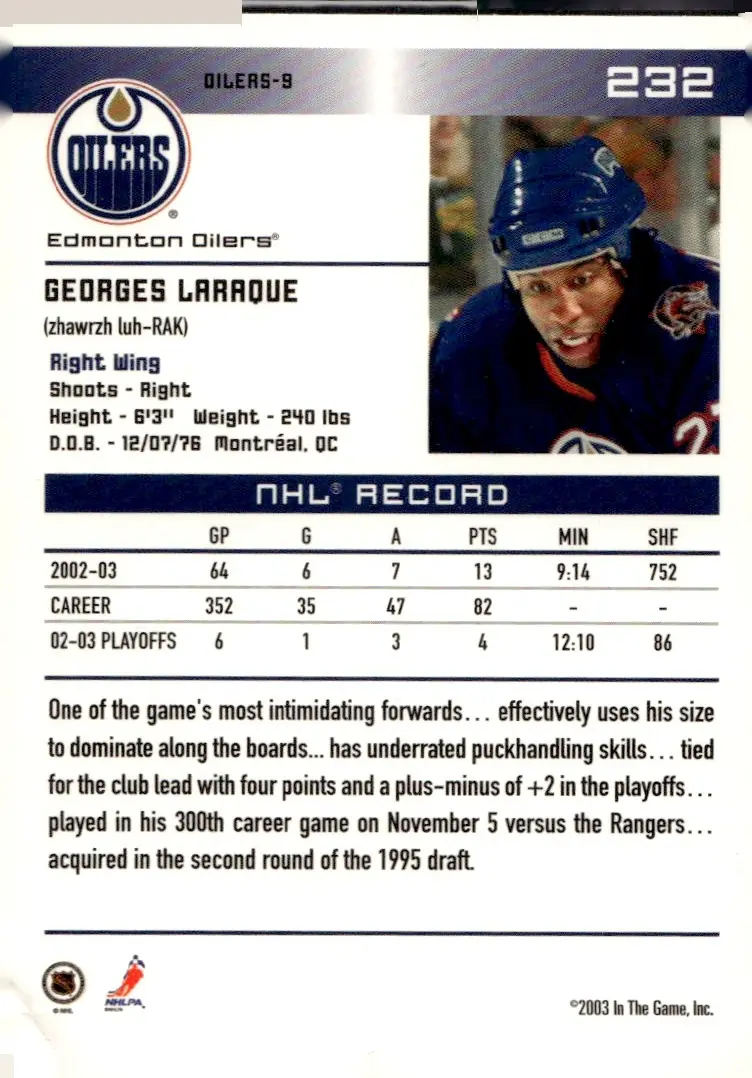 2003-04 In The Game Action #232 Georges Laraque (back)