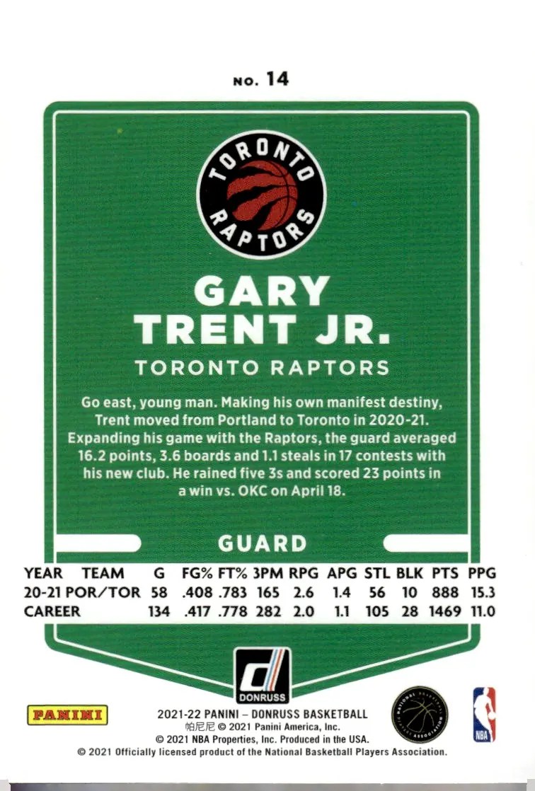 2021-22 Donruss #14 Gary Trent Jr. (back)
