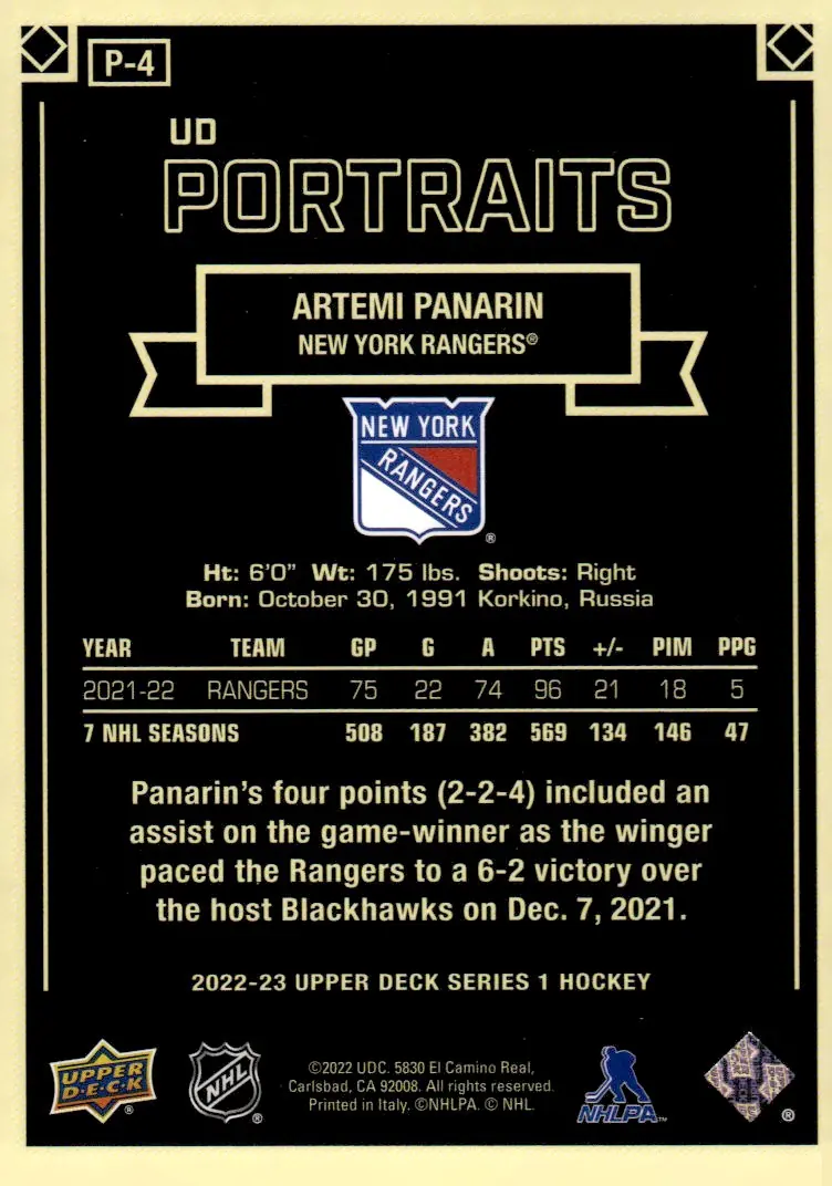 2022-23 Upper Deck Series 1 #P-4 Artemi Panarin (back)