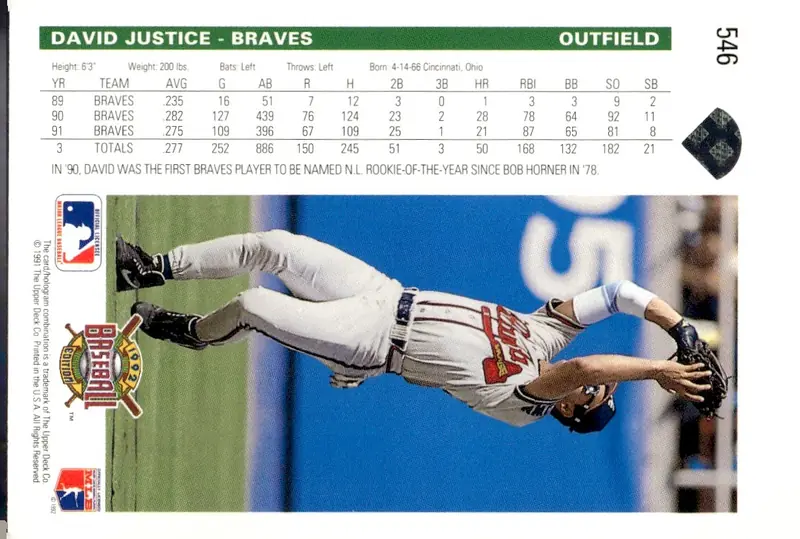 1992 Upper Deck #546 David Justice (back)