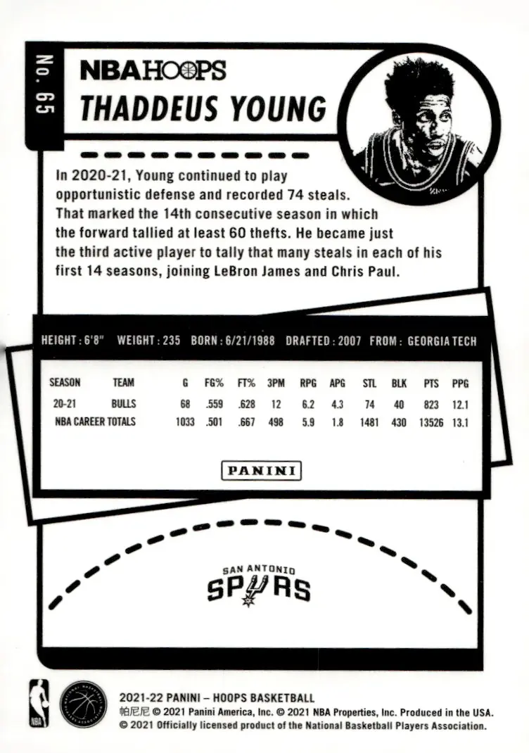2021-22 NBA Hoops #65 Thaddeus Young (back)