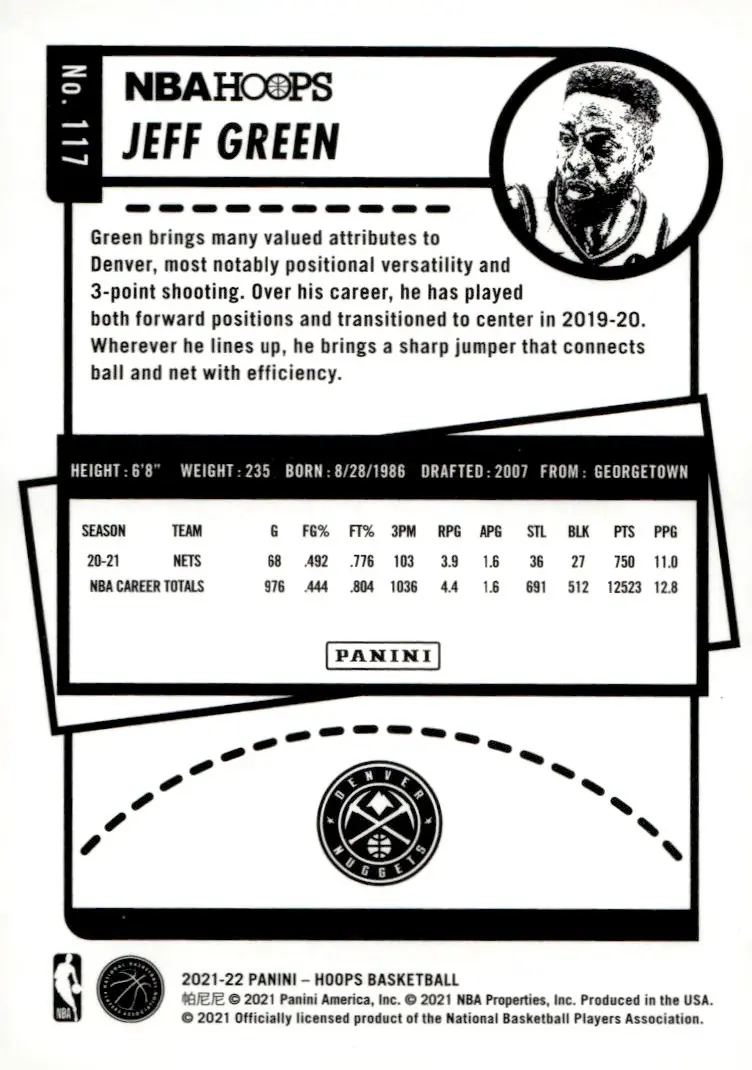 2021-22 NBA Hoops #117 Jeff Green (back)