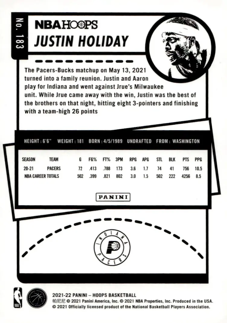 2021-22 NBA Hoops #183 Justin Holiday (back)