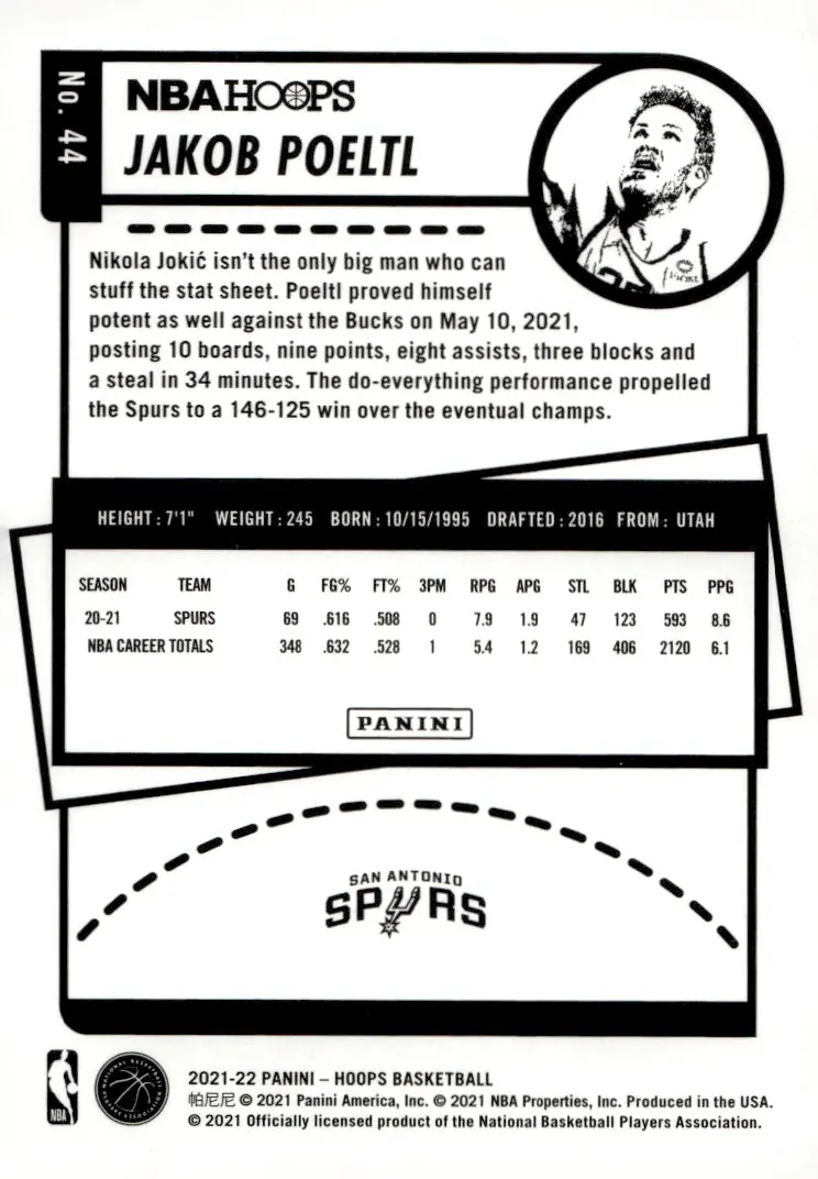 2021-22 NBA Hoops #44 Jakob Poeltl (back)