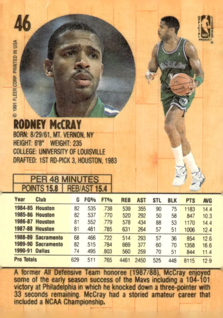 1991-92 Fleer #46 Rodney McCray (back)