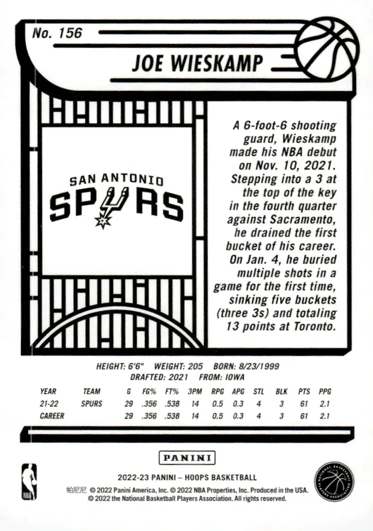 2022-23 NBA Hoops #156 Joe Wieskamp (back)